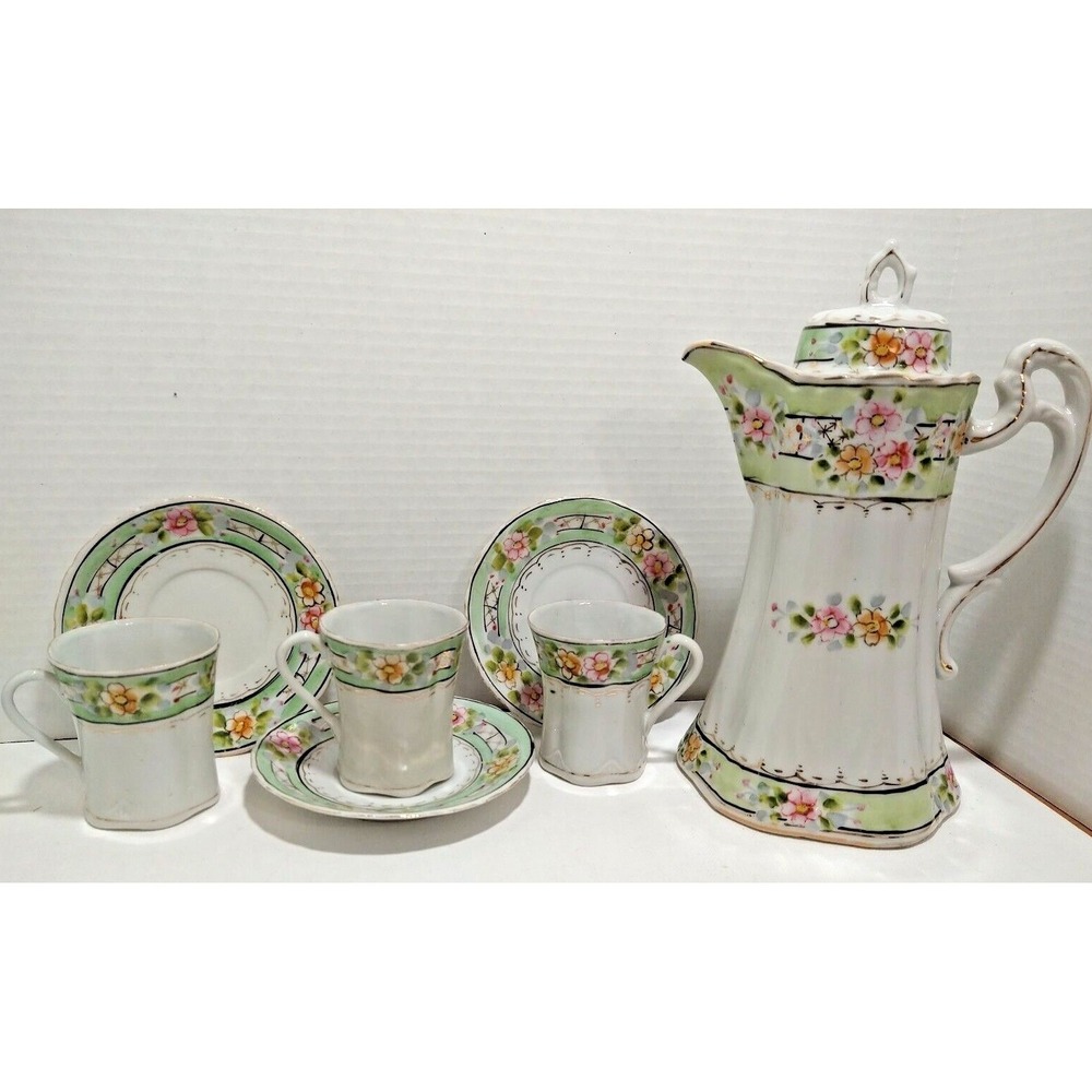 Hand Painted Antique Chocolate Pot With 3 Cups & Saucers -Japan